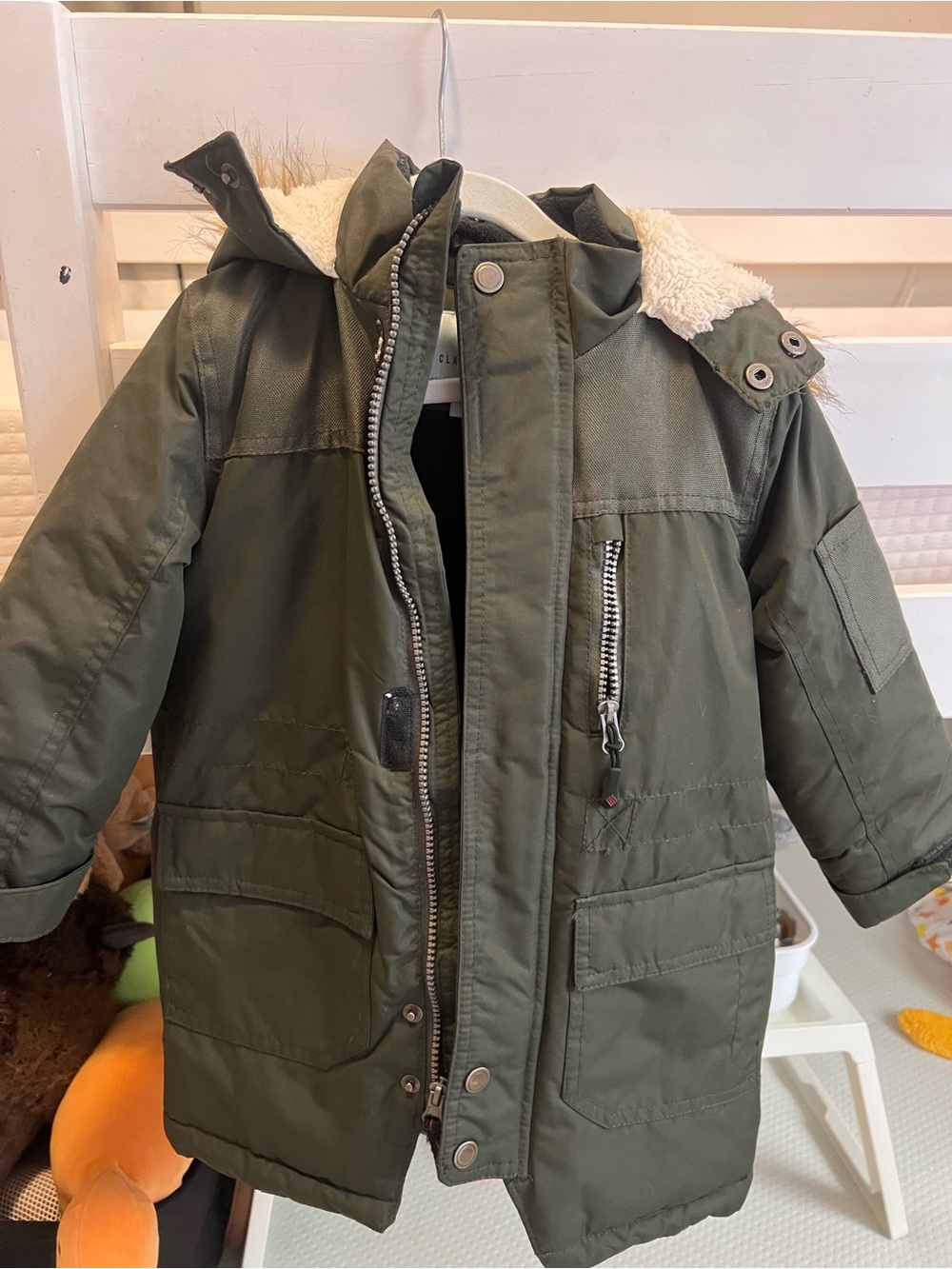 Kids Olive Green Winter Parka Jacket with Faux Sherpa Hood